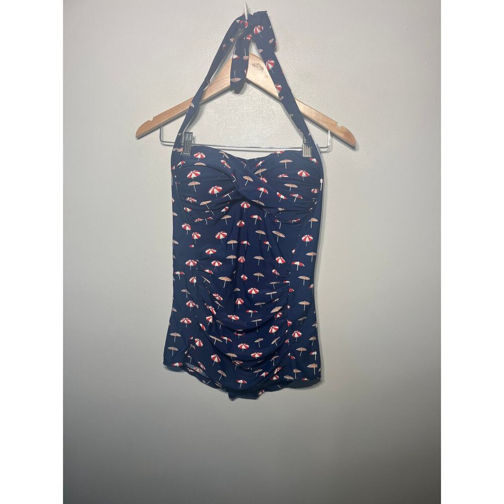 EBuddy Swimsuit One Piece Navy Red Nautical Pin Up Umbrella Ruched Halter M